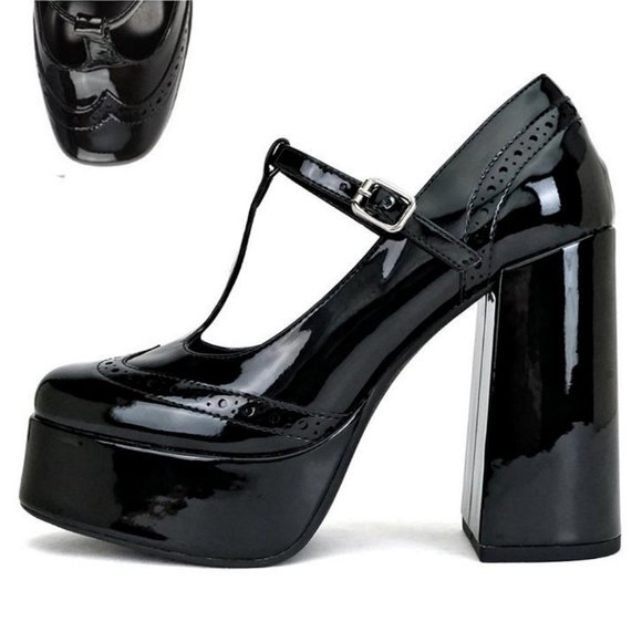 Black Patent T-Strap Mary Jane Platform Block Heel Pumps - Picture 5 of 5